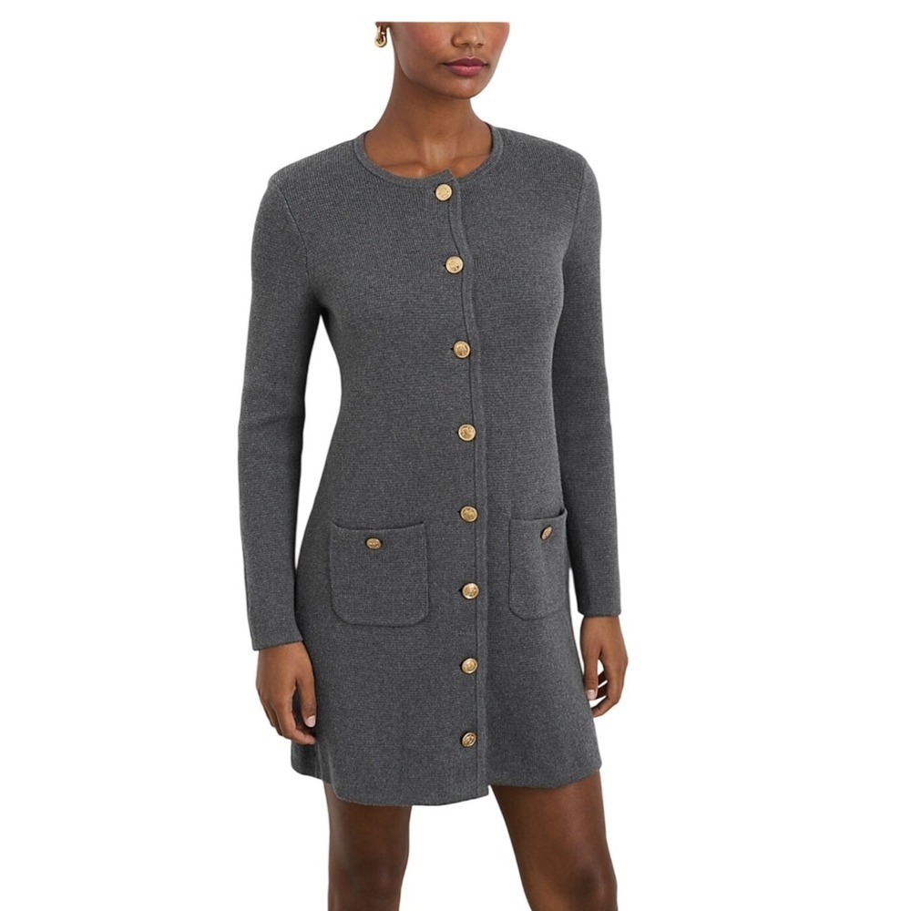 ALEX MILL Knit Button Front Cardigan Dress Grey‎ Gold Button Pockets Size M